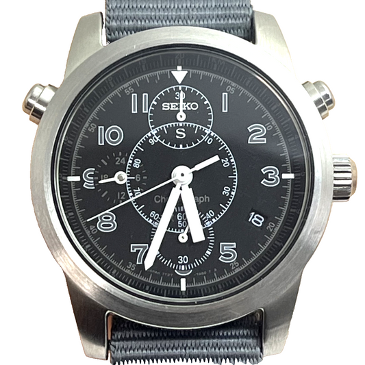 Seiko Chronograph 7T27-7A40 Quartz Japan Pilot Watch Gray Band Vintage #699B
