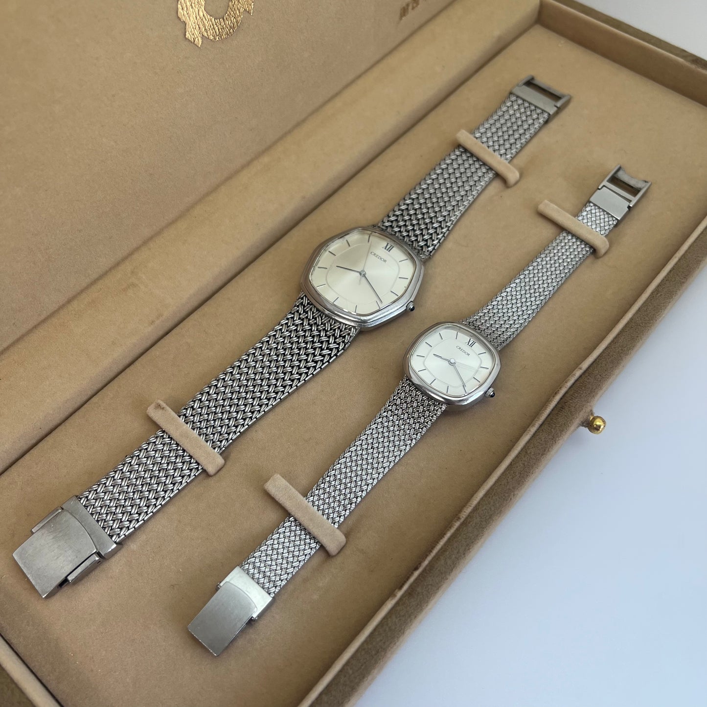 Seiko Credor Pair Watch Quartz Japan Silver Mesh Band w/Box Vintage #570B