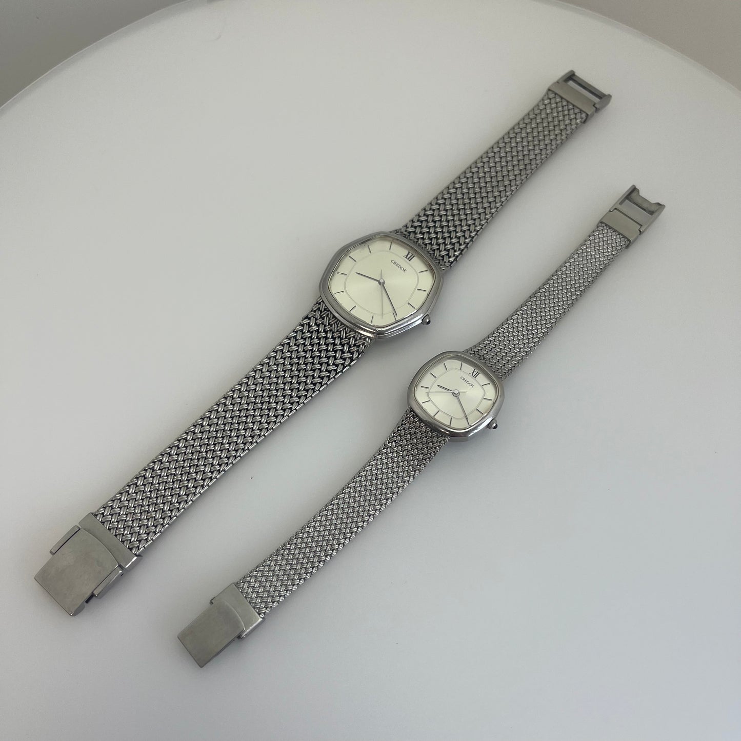 Seiko Credor Pair Watch Quartz Japan Silver Mesh Band w/Box Vintage #570B