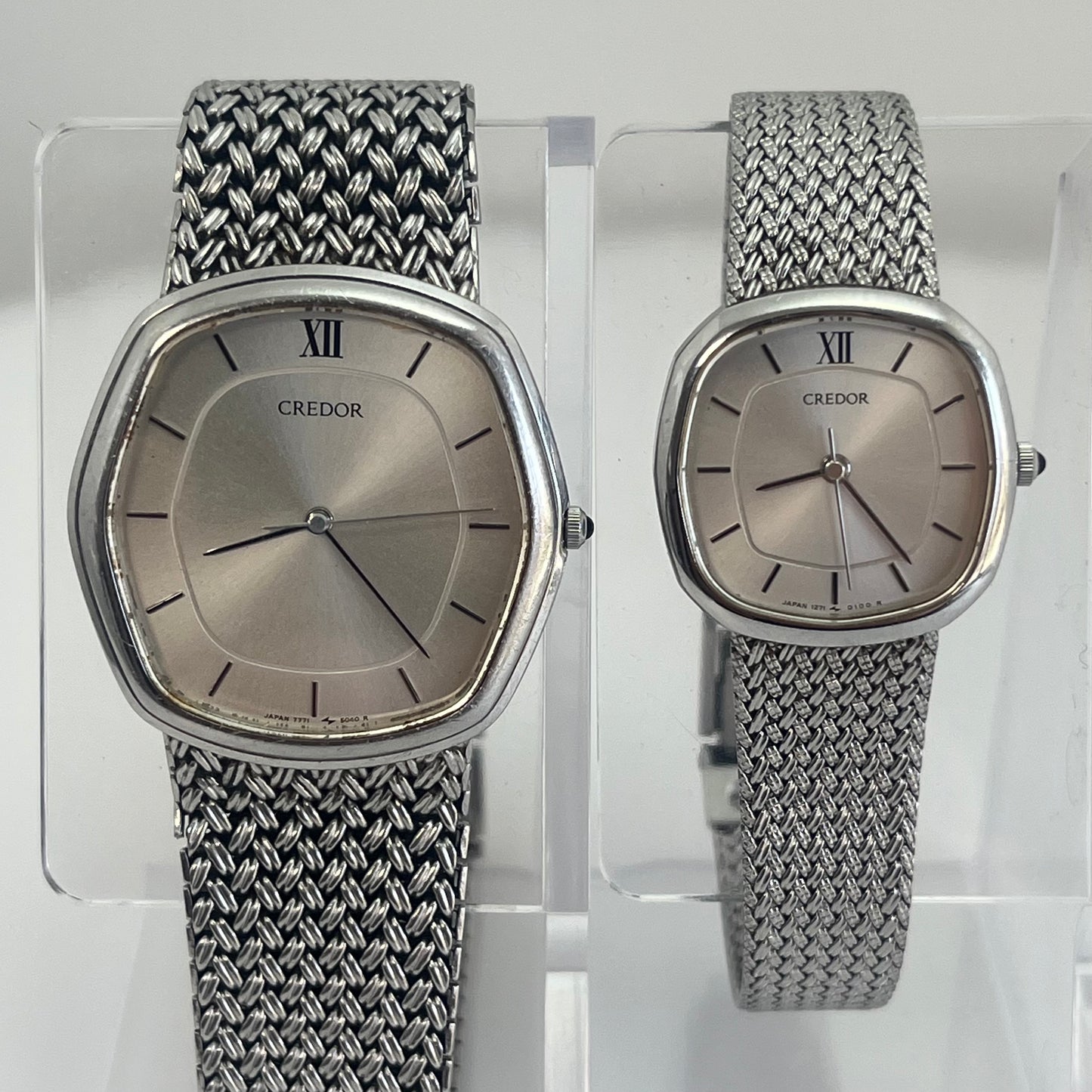 Seiko Credor Pair Watch Quartz Japan Silver Mesh Band w/Box Vintage #570B