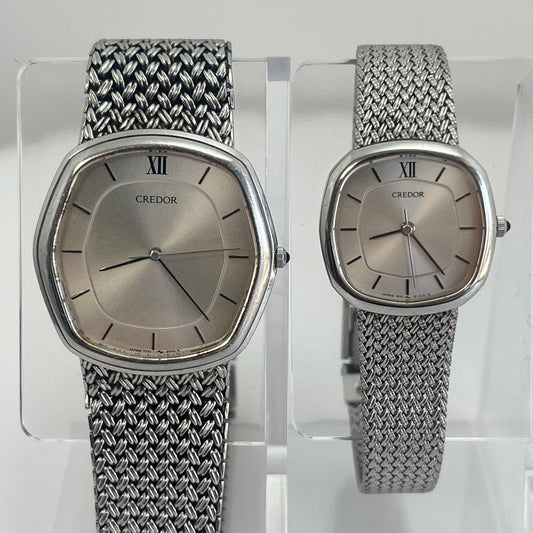 Seiko Credor Pair Watch Quartz Japan Silver Mesh Band w/Box Vintage #570B